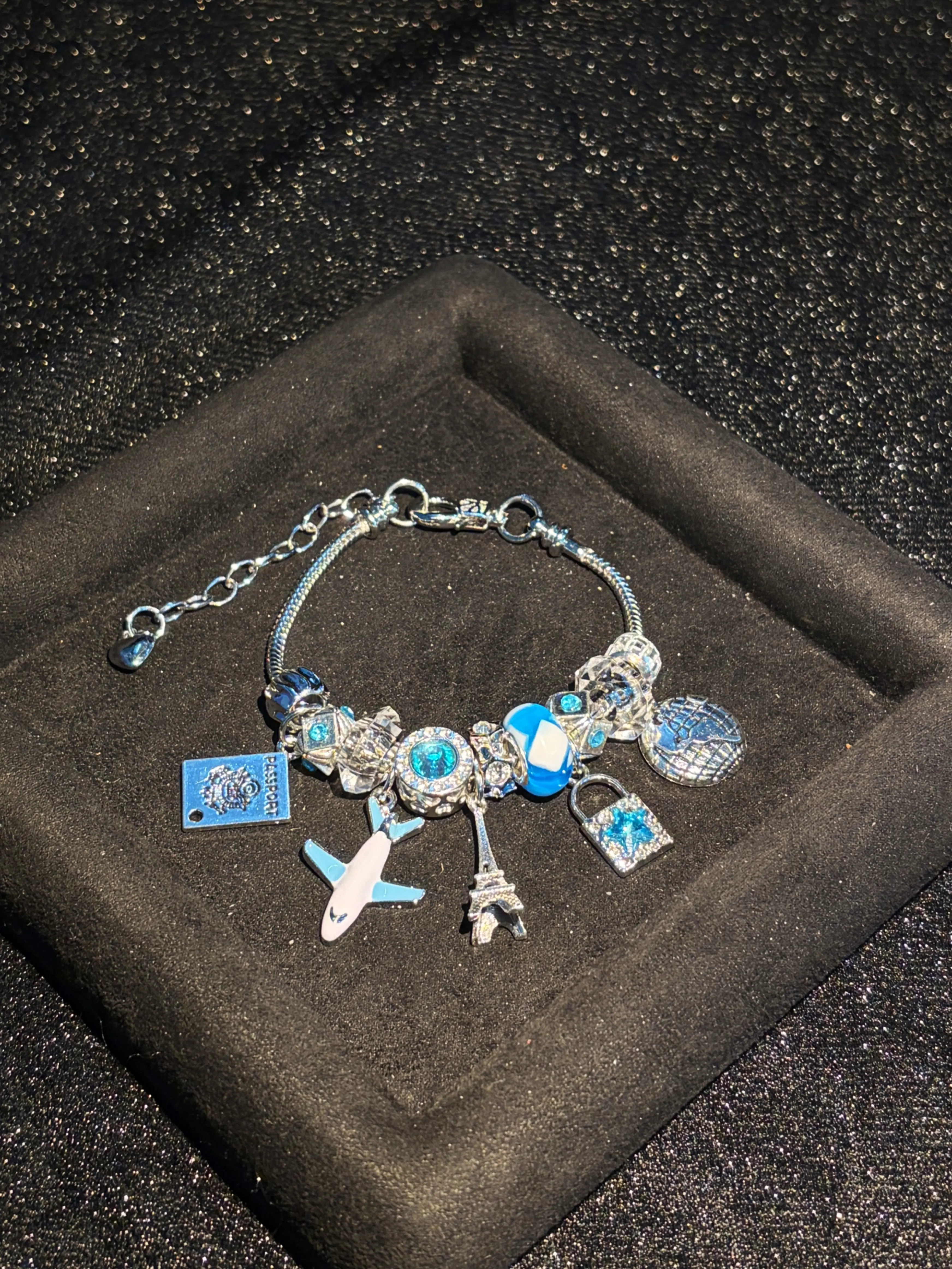 Travel Theme Charm Bracelet, Silver Tone Snake Chain Bracelet with Airplane, Eiffel Tower, Passport, Globe Lock Dangle Charms, Blue Crystal Beads Travel Souvenir Jewelry Gift for Women Girls