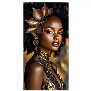 Vibrant Colors Gold African Woman Diy Large Size Diamond Painting Kits for Adults,Diamond Art for Beginner,Beginner Friendly,Full Round Diamond Mosaic Dots Gem Art for Aesthetic Home Decor