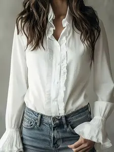 Pleated Ruffle Blouse for Women, Long Sleeve Flare Sleeves Commuter OL Style, Elegant Top for Adults, Fashionable Shirt