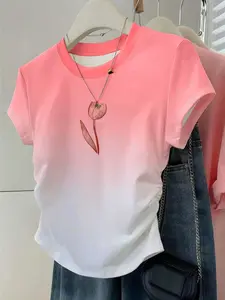 Gradient Tulip Print T-Shirt, Side Ruched Slim Fit Short Sleeve Top, Women's Fashion Essential, Daily/summer Wear, Sweet Fresh Style