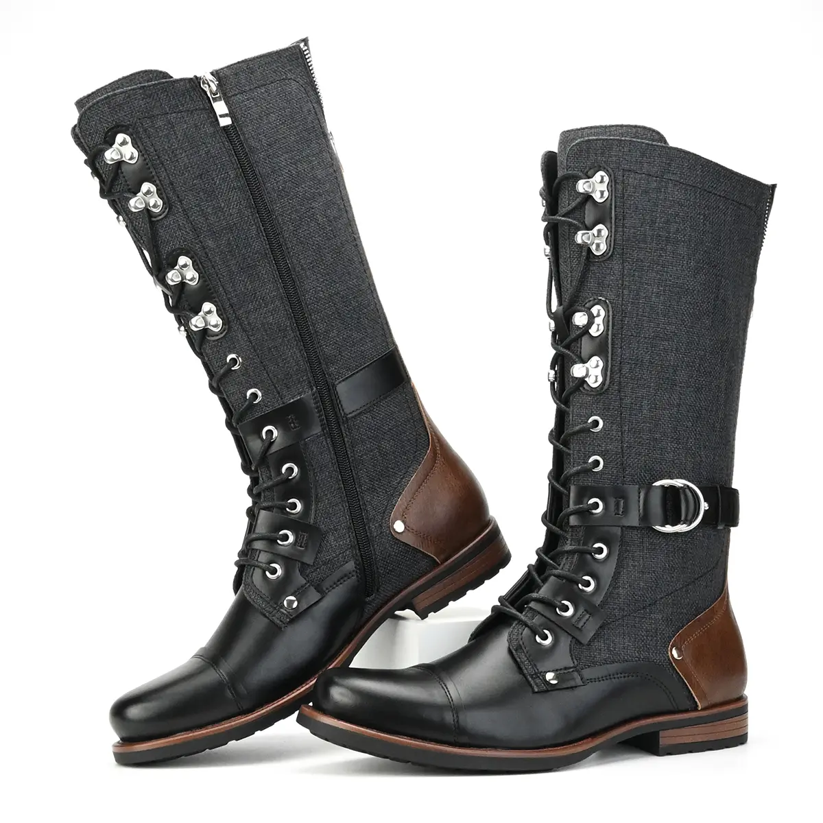 Men's Smooth Leather Cap-Toe Mid-Calf Lace-Up Boots - Footwear with Metal Ring Buckle Strap, Rear Side Zipper, Low Block Heel, Army Shoes Design, Retro Style for Casual Wear