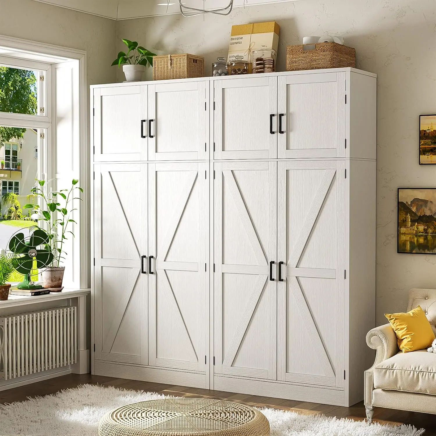 Cyclysio 54" Tall Sturdy Wood Farmhouse Freestanding Kitchen Pantry Cupboard, Single Unit Indoor Cabinet with Barn Doors & Adjustable Shelves (25+ kg Capacity) for Kitchen, Dining Room, Apartment Storage Cabinet, 12 In & Above
