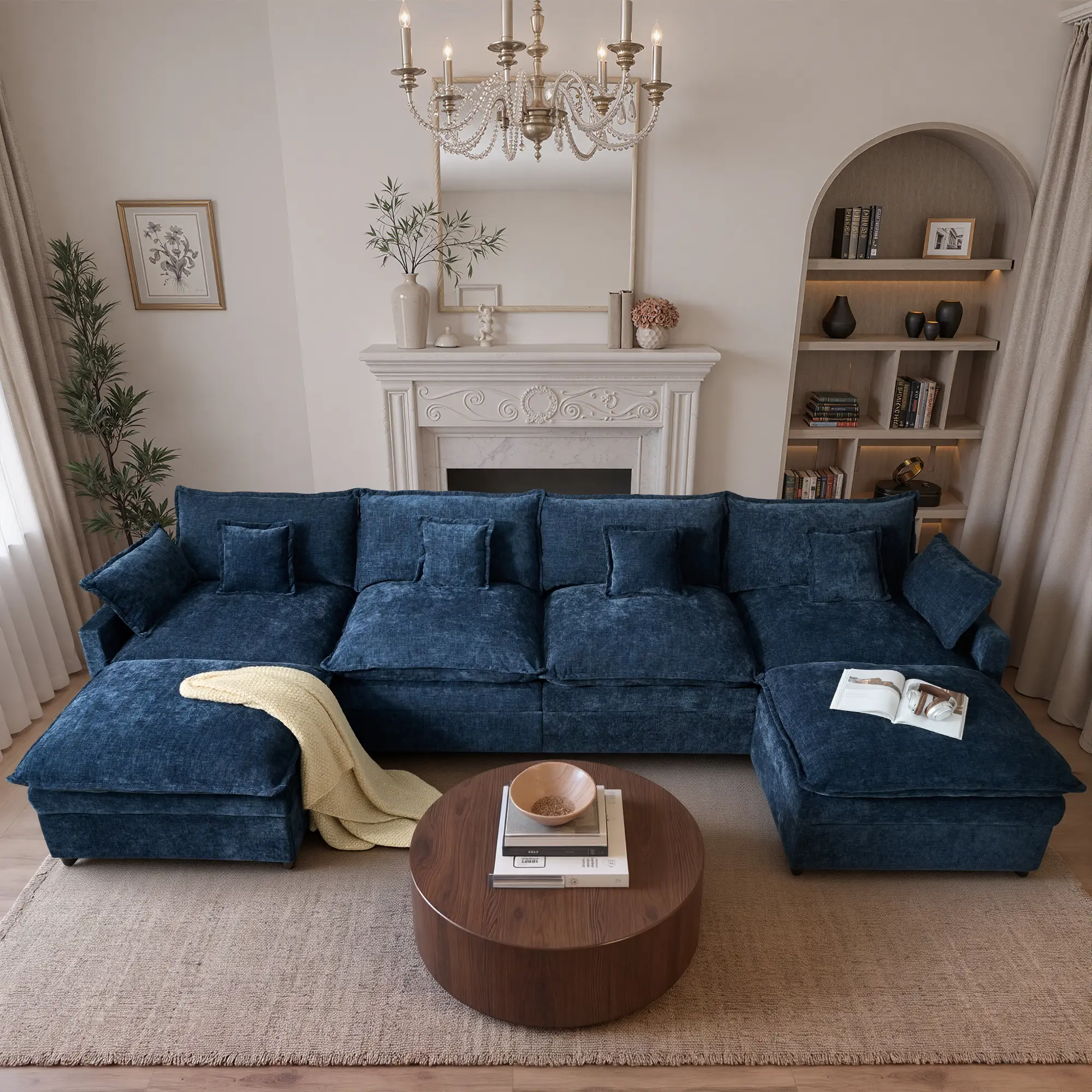 142" Dark Blue Chenille U Shaped with 2 Ottoman