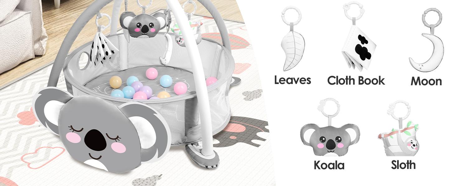 dearlomum 4-in-1 Baby Play Mat Koala Gym Tummy Time Mat for Floor Activity with 30 Balls & 5 Sensory Toys for Newborn Toddler Boy & Girl Gifts