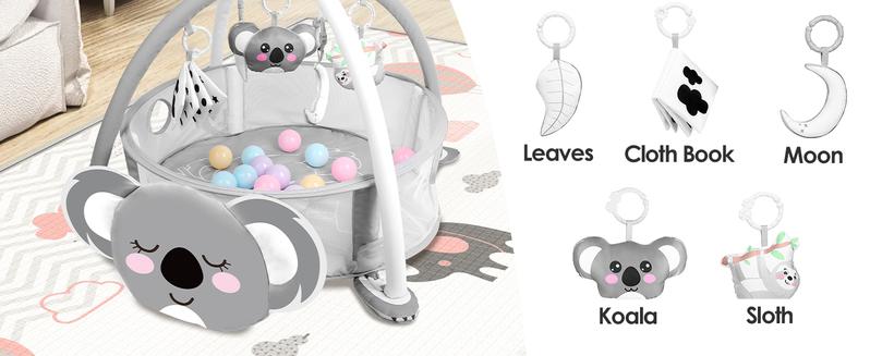 dearlomum 4-in-1 Baby Play Mat Koala Gym Tummy Time Mat for Floor Activity with 30 Balls & 5 Sensory Toys for Newborn Toddler Boy & Girl Gifts