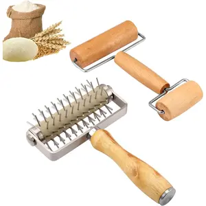 2Pcs Pizza Dough Roller & Dough Docker, Wood Rolling Pin Stainless Steel Dough Hole Puncher for Pizza, Pie, Pastry, Bread, Pasta, Cookie, Crust Bakeware Utensils