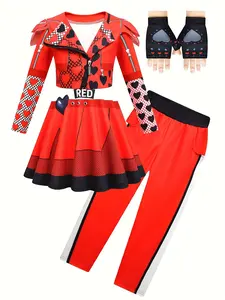 Girls' Fashion Monster Hunter Cosplay Costume Set, Heart Dress + Gloves + Unique Pants, Halloween Role Play Performance