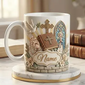 Personalized Christian Mug 2D Printed 3D Effect, Custom Name Coffee Cup with Faith and Cross Design for Christians, Believers and Church Members, Perfect for Baptism, Easter, Christmas, Birthdays, Meaningful Religious Gift Idea
