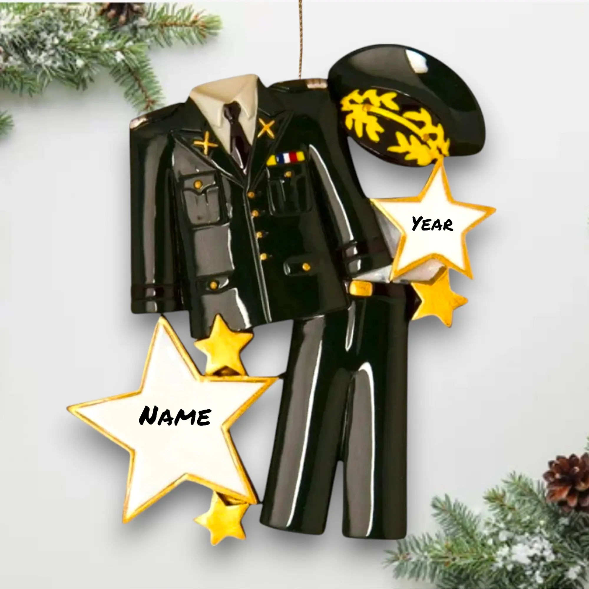 Personalized Military Uniform Ornament – Custom Dark Green Armed Forces Decoration with Name & Year – Army Gift Noel Box