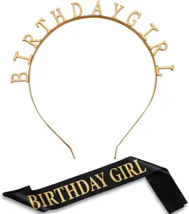 Birthday Headbands, Satin Sash and Tiara Happy Birthday Crown Party Favor Decorations for Girls Women(Gold)