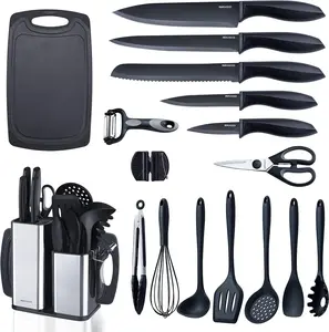 Kitchen Utensils Set For Cooking-7 Cooking Utensils,5 Kitchen Utensils,6 Knife set,utensilios de cocina(18-in-1) (Black)