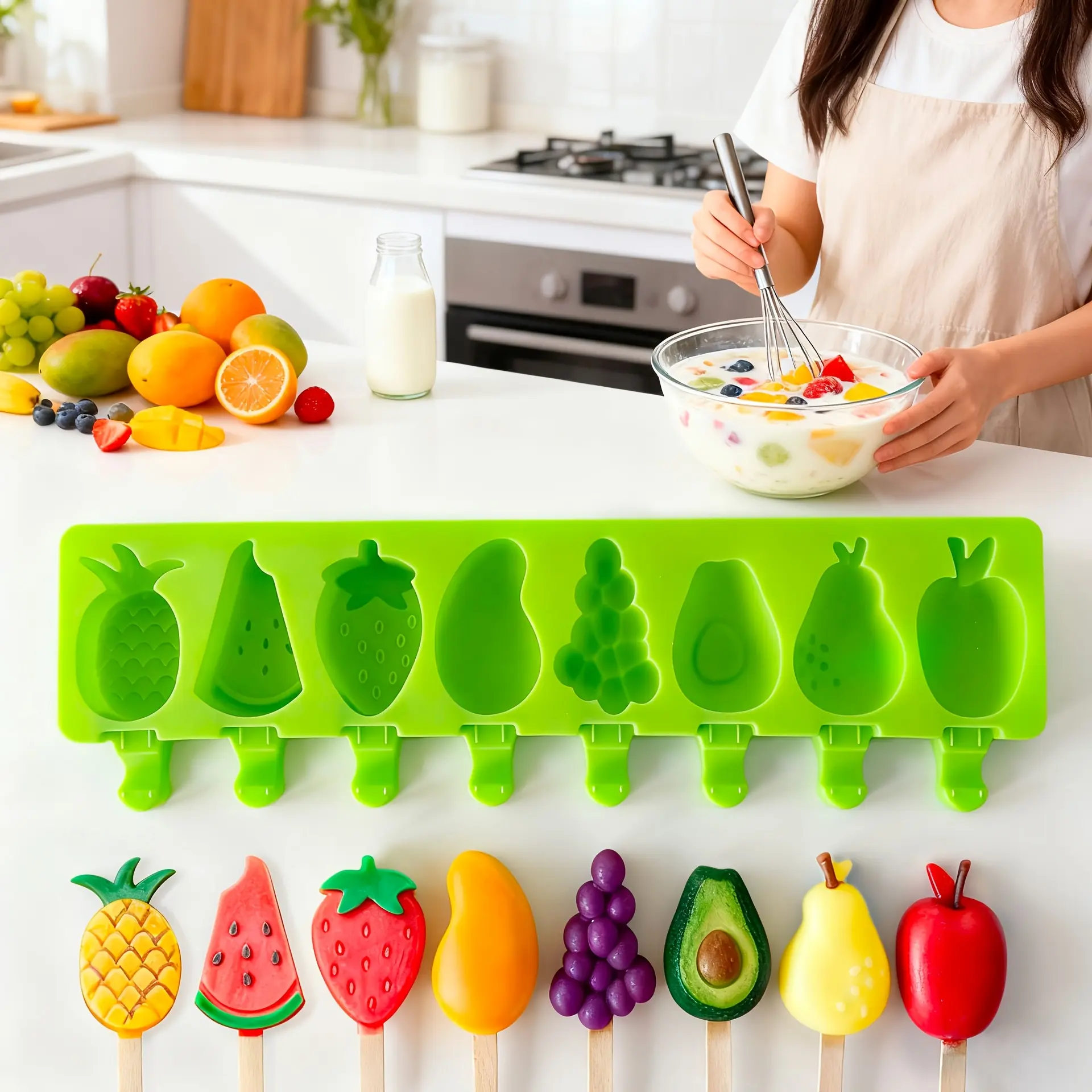 8-Cavity Silicone Popsicle Mold Set with Wooden Sticks & Lid - Cute Fruit, Animal & Geometric Ice Pop Molds for DIY Homemade Ice Cream, Frozen Yogurt