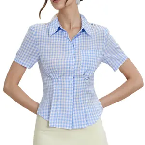 Women Button down Shirt Casual Striped/Plaid Print Short Sleeve Tops Blouse for Streetwear Aesthetic Clothes Womenswear Cotton