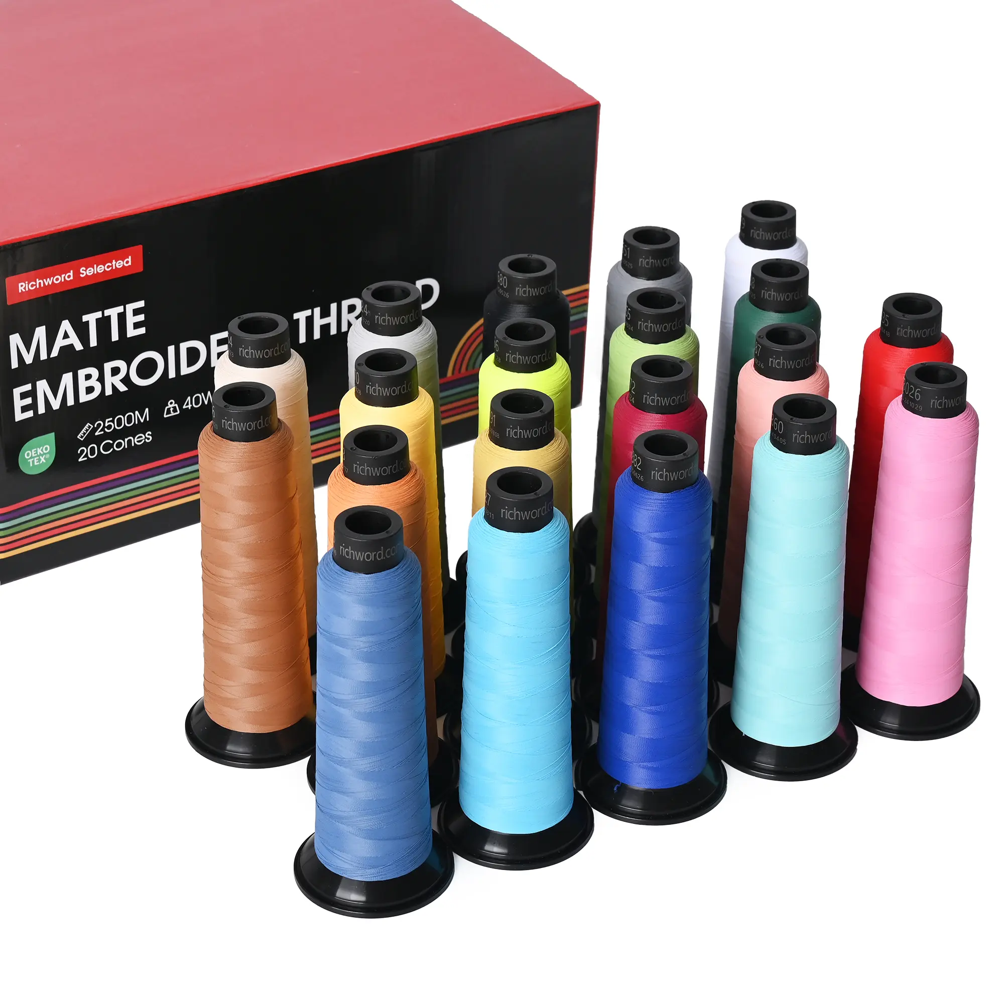 PooLin Richword Matte Embroidery Polyester Thread 2500m x 20 Colors 40wt 120D/2 for Embroidery Machines