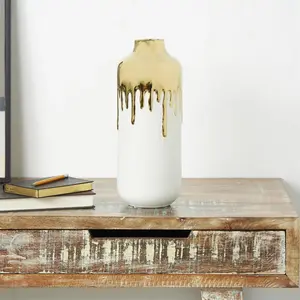 White Ceramic Vase with Abstract Gold Melting Drips