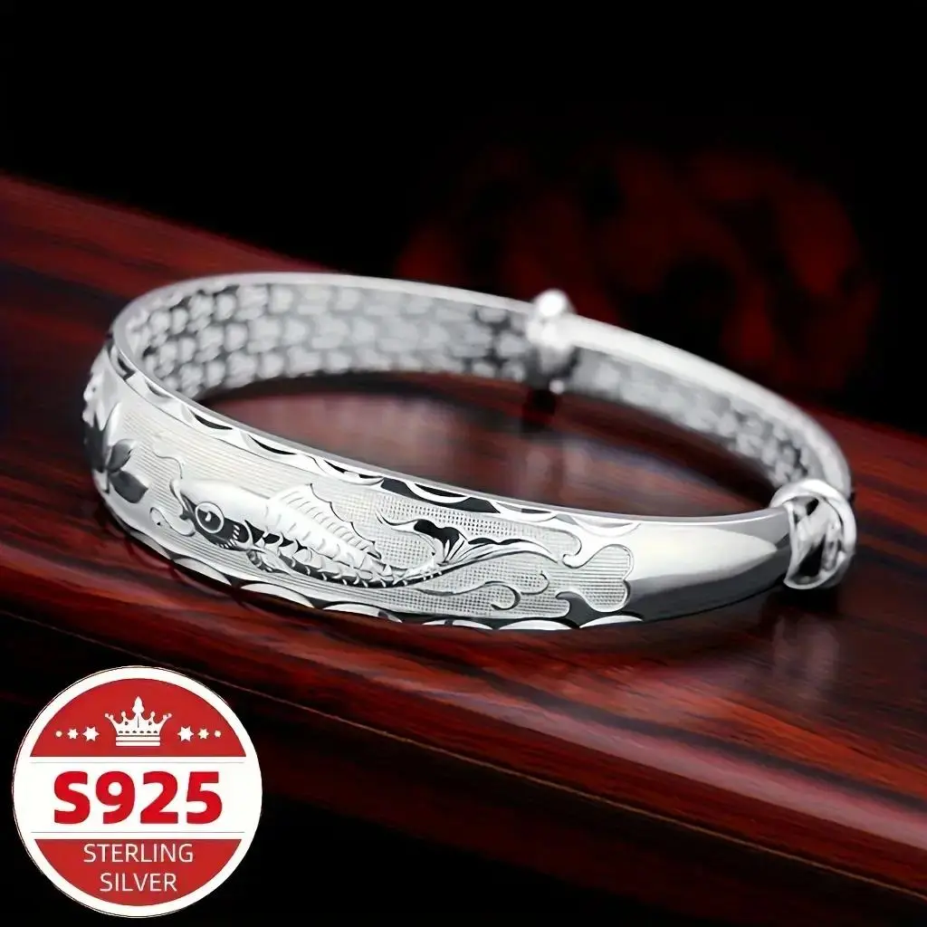 S925 Sterling Silver Charm Bracelet with an Elegant Chinese Double Fish and Lotus Charm, Pretty Unisex Jewelry Gift for Daily Wear, Pretty Bracelet, Beautiful Bracelets