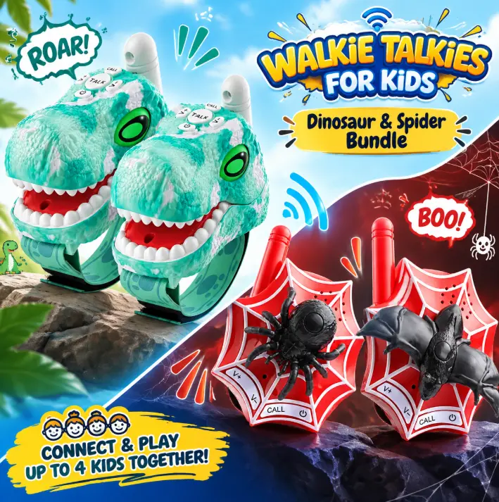 Fygurso Dinosaur Walkie Talkies for Kids, 3280 Ft 3 Channel Two-Way Walkie Talkies Dinosaur & Spider 2 Pack Audio Spy Device Multicolor
