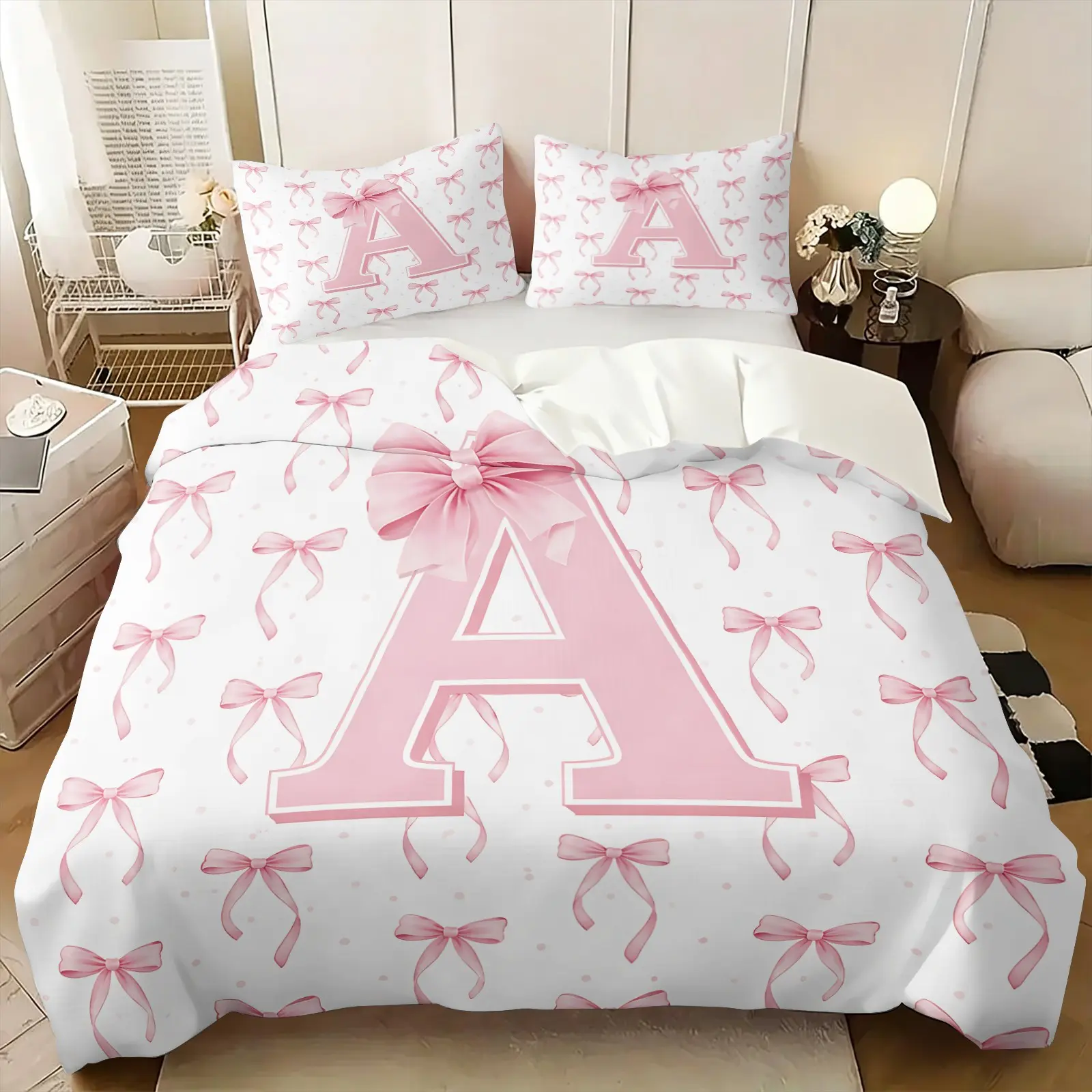 Coquette Aesthetic Pink Bow Monogram A Decorative Duvet Cover Set, 1 Duvet Cover + 1/2 Pillowcases, No Core, Cozy Comfy Breathable Skin-Friendly Personalized Theme Bedding, All Season Ideal for Teen Girls & Cute Bedroom Decoration