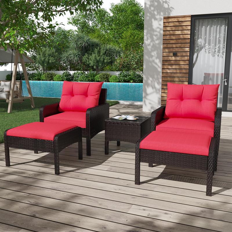 【2 Packages Shipping】5-Piece PE Rattan Patio Set – Wicker Chairs with Ottoman & Table, Perfect for Front Porch or Garden