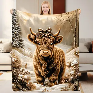 1 piece of highland cow (furry) flannel blanket - ultra-soft and lightweight Scottish cow pattern, with farmhouse-style decoration, suitable for all seasons, suitable for both home use and camping, a great gift for those who love Scottish culture