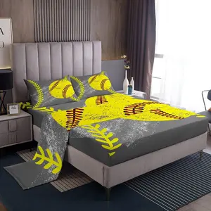 Softball Sheet Set,Softball Bed Sheets For Kids Teens Girls,Grunge Yellow Grey Sports Bedding Set,Softball Gift Ball Game Fitted Sheet