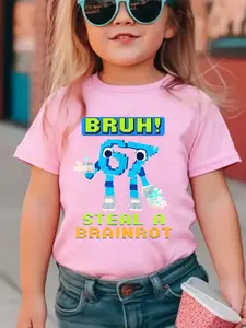 Cool Robot Six Seven Print Girls Casual Sports Short Sleeve, Polyester Fabric, Youth Fashion T-Shirt, Cartoon Print Tee, Perfect Christmas Gift