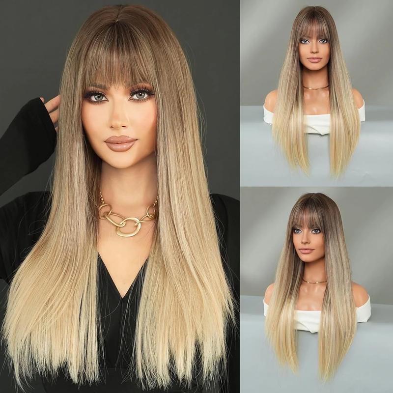 Long Straight Ombre Blonde Black with Bangs 28 Inch Ash Blonde Half wig with Dark Roots and Black Hair Tail Dye Natural Synthetic Layered Heat Resistant Wig for Women Daily Party Use