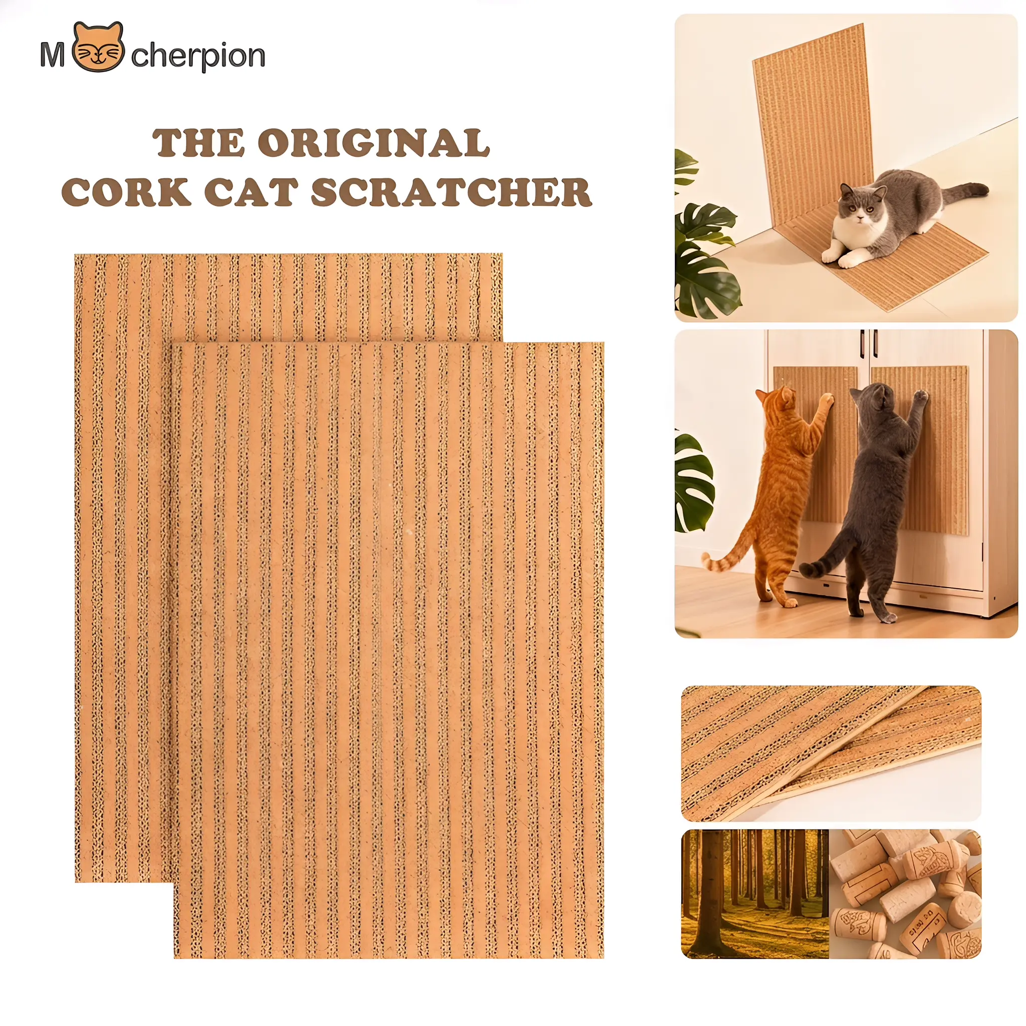 Mocherpion  Natural Cork Cat Scratcher Board 2-Pack: Ideal for Multi-Cat Families, Eco-Friendly Strong Adhesive Backing, Wall, Sofa & Cabinet Door Mountable, Scratch-Resistant Easy to Clean, Doubles as Cat Scratcher & Cat Mat, Claw-Friendly Safe