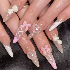 24pcs Long Almond Leopard Print Design French Gradient Nail Set, Includes Jelly Glue and Nail File, Perfect for Parties, Dancing, Daily Use, Glitter Base French Tip