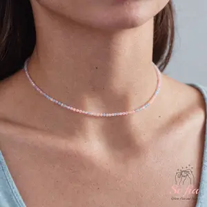 Delicate Morganite Beads Choker Necklace, Tiny Dainty Faceted Gemstone Beaded Necklace, Waterproof Crystal Beaded Choker, Dainty Minimalist Style Handmade Adjustable, gift for her
