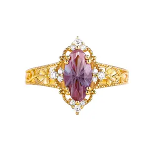 Color-Changing Alexandrite Floral Engagement Ring in 18k Gold with Sparkling Moissanite Halo Vintage Art-Deco June Birthstone Ring Dainty Marquise-Cut Promise Band Personalized Anniversary Gift Custom Handmade Jewelry for Women