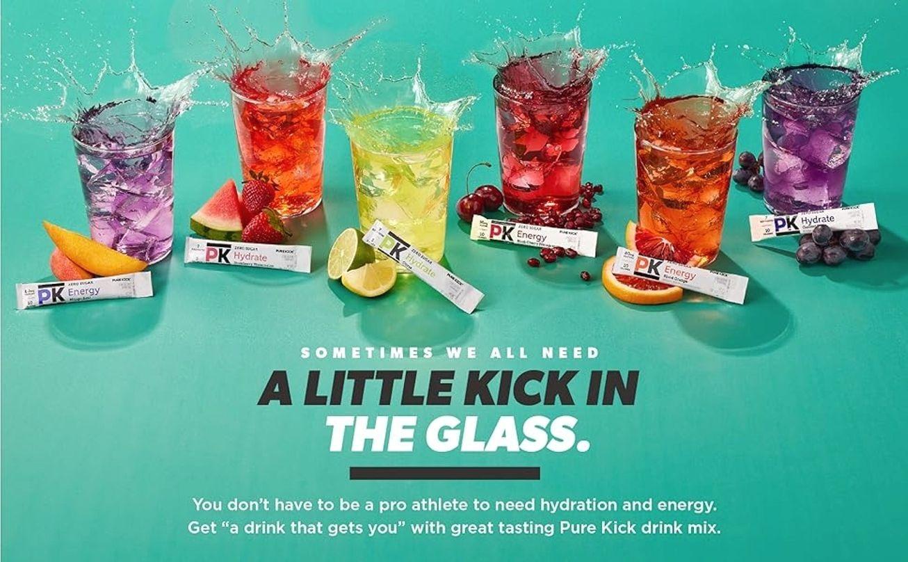 PURE KICK Energy and Hydrate Singles To Go Drink Mix Variety Pack, Black cherry Pomegranate, Orange Passion Fruit, Strawberry watermelon and Concord Grape, 30 Count (Pack - 1)