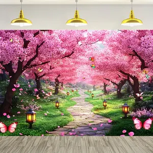 60in x 40in 1pc Oversized Spring Garden & Cherry Blossom Forest Scene Backdrop - Durable Polyester, No Power Needed, Easy to Hang - Ideal for Photo Booths, Indoor/Outdoor Decor with Vibrant Flowers & Serene Pathway Design, Garden Decorations