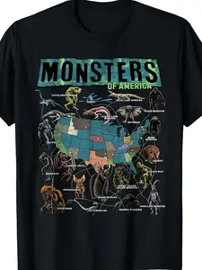 American Mysterious Creatures Plus Size T-Shirt - Vintage Mysterious Creature Map Design Featuring the Loch Ness Monster and Mothman - Unisex Soft, Breathable, Loose-Fit T-Shirt - Apparel for Cryptozoology Enthusiasts, Machine Washable for Year-Round Casu