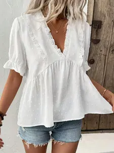 Casual V Neck Top for Summer, Women's Floral Print Puff Sleeve Ruffle Trim Blouse, Women's Clothing for Daily Wear, Shirts, Casual Style Shirt, Womenswear, Vneck