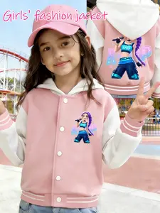 Y2K Aesthetic KPOP Print Fleece Varsity Jacket, Girls' Fashion Hooded Outerwear