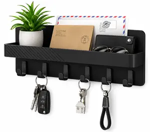Key Holder Wall Mount with Magnetic Shelf, Adhesive Key Hooks and Mail Organizer, Entryway Key Rack for Wallets, Keys, Sunglasses, RV Camper & Home Organization, Black