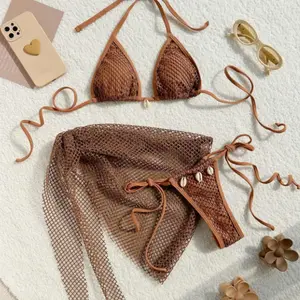 Summer Beach Triangle Bikini Set, Bra and Shell Bottom Decoration Bikini Swimsuit and Beach Cover Up Skirt for Women