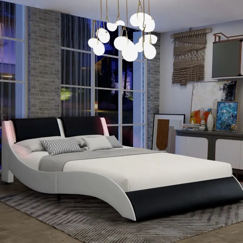 Full Modern Upholstered Bed Frame with LED Lights Headboard