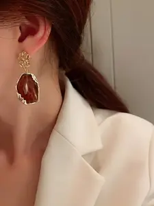 Vintage Elegant Irregular Geometric Resin Dangle Earrings, Simple Chic Style, Women's Metal Texture Earrings, Perfect for Daily Wear, Ideal Gift