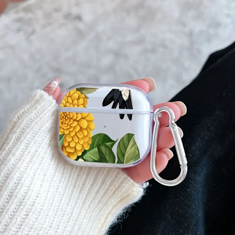 Hummingbird Garden Pattern TPU Soft Protective Case for Apple AirPods 4/3/2/1/Pro/Pro2 Transparent Earphone Cover with Keychain Attachment