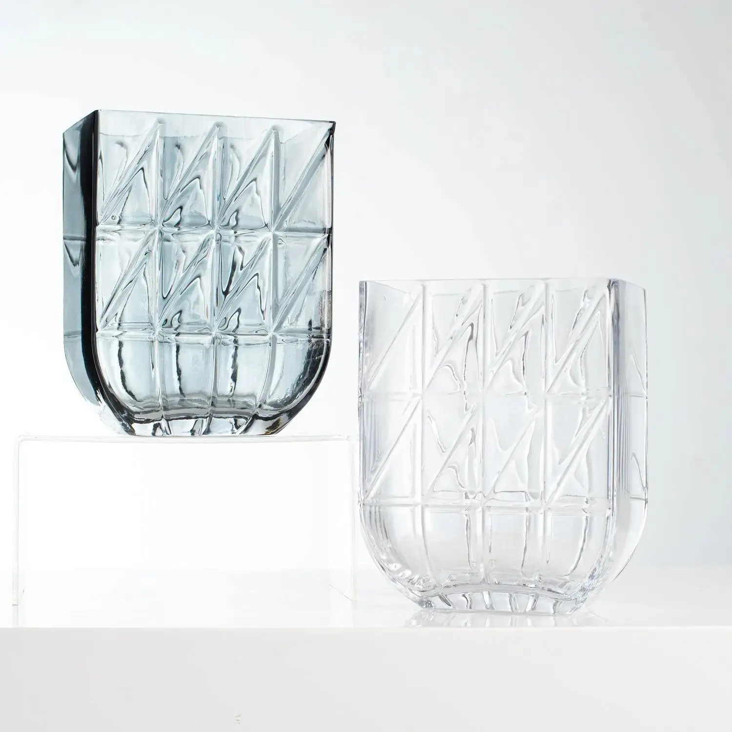 Geometric Rectangle Glass-Look Decorative Vase - 6" W x 4" L x 7" H, 2 Color Options, Smoke Effect Home Decor for Flower Arrangements