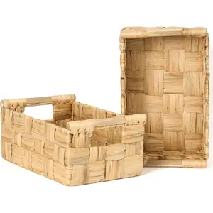 VATIMA Wicker Storage Baskets for Organizing, Water Hyacinth Baskets for Shelves, Natural Rectangle Baskets with Built-in Wooden Handles, Pantry Storage Shelf Organizers 13.4x8.3x5.9 inches (2-Pack)