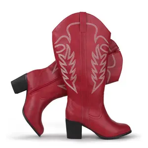 Women'sExtraWideCalfCowboyBootsWoodEmbroideredWesternCowgirlKneeHighBoots