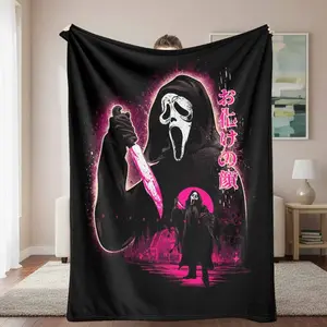 Japanese Ghost Mask Flannel Blanket Horror Aesthetic Knife Print Soft Warm Cozy Microfiber Decorative Throw Perfect for Bedroom Living Room Halloween Party Movie Night Gift Lounge Use