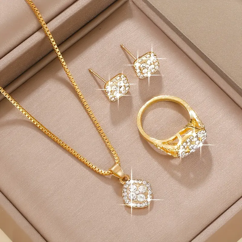 Elegant Women's Fashion Square Jewelry Set - Minimalist Golden Sparkling Glass Inlay pendant Exquisite Shiny Ear Studs Blingbling Square Pendant Luxurious Necklace Geometry Glass Inlay Ring Valentine's Day, Anniversary Holiday Jewelry Gift Set