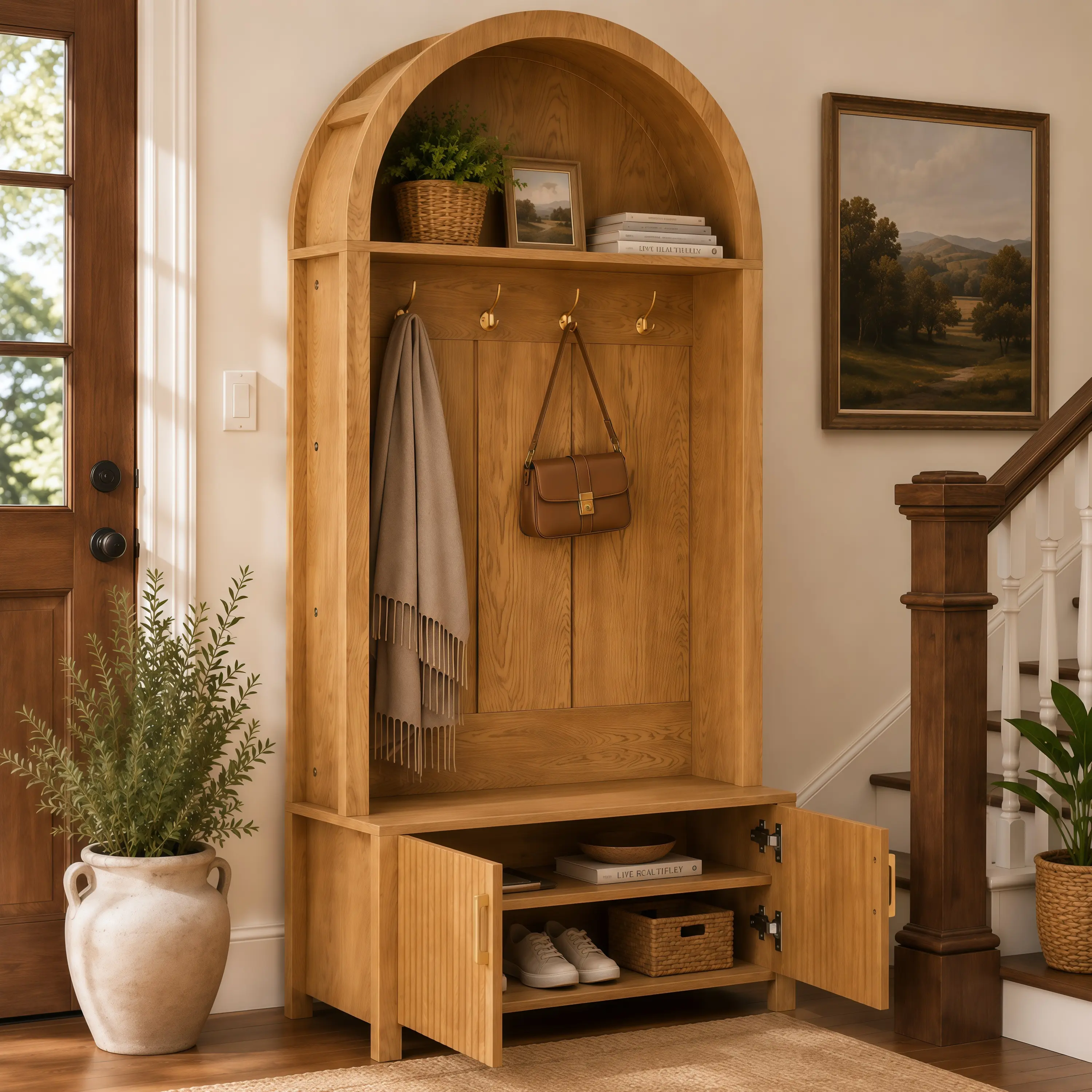 Declutter Your Entryway in Style – Arched Hall Tree with Spacious Bench Seating, Hidden Shoe Storage Cabinet, 4 Sturdy Metal Hooks, and Fluted Glass Doors – Farmhouse Mudroom Organizer for Coats, Bags & Footwear
