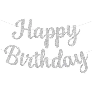 Glitter Happy Birthday Banner Sign, Birthday Garland Wall Door Banners Flag for Women Men Boys Girls Party Backdrop Decorations (Silver)