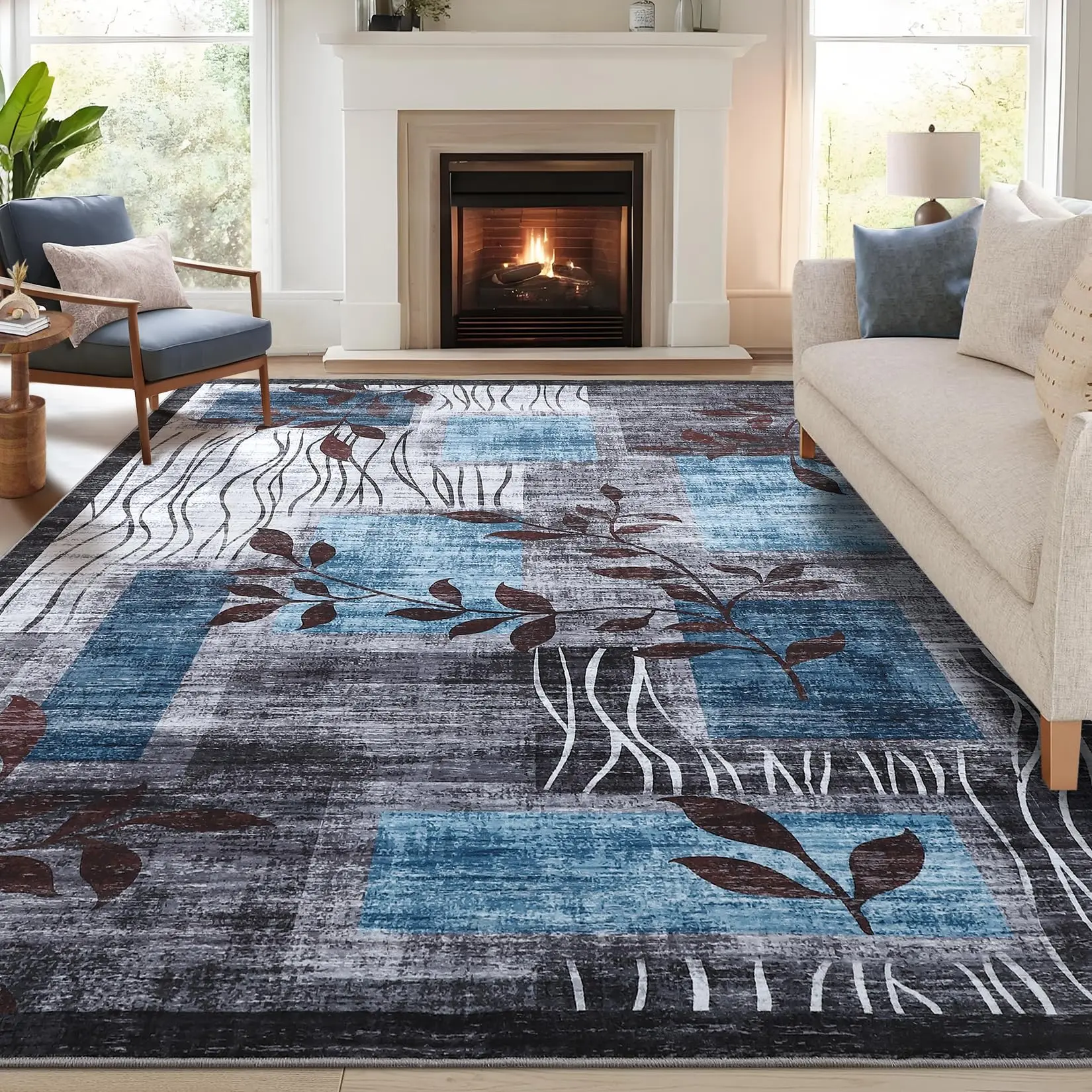 GARVEE Washable Rug 9x12 Area Rugs for Living Room Geometric Carpet Floral Rug Stain Resistant Rug Non-Slip Ultra-Soft Room Decor Plaid Rug for Dining Room Guest Room Office Farmhouse 9x12 Blue