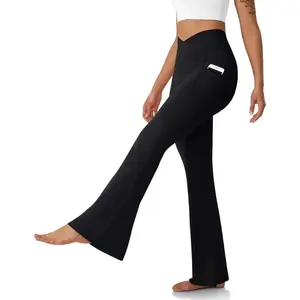 Women's Flare Leggings with Pockets-Crossover High Waisted Bootcut Yoga Pants-Tummy Control Bell Bottom Leggings